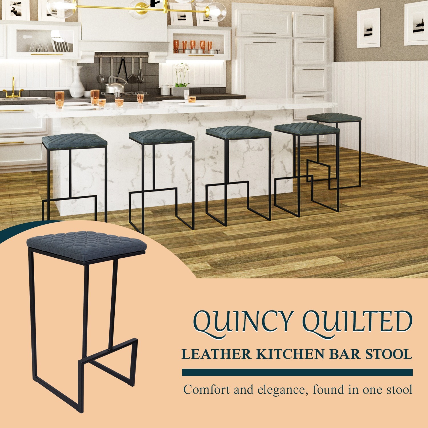 LeisureMod Quincy Blue Leather Bar Stool in Metal - image-2