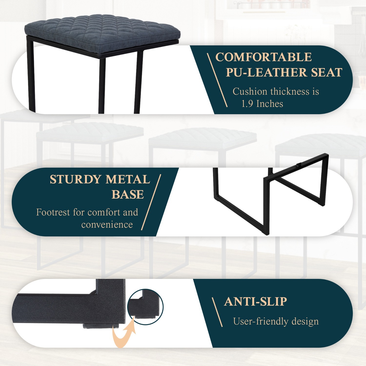 LeisureMod Quincy Blue Leather Bar Stool in Metal - image-3