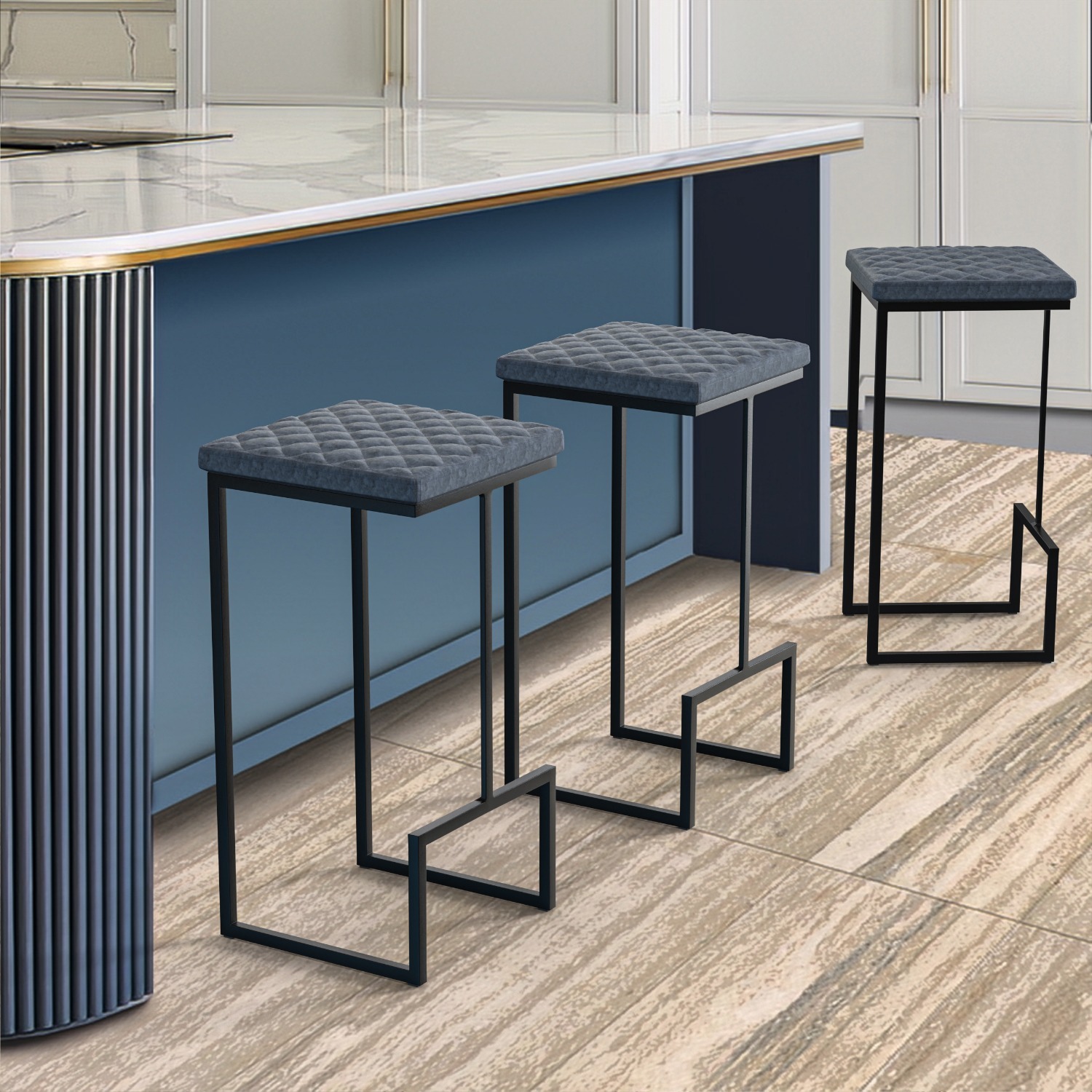 LeisureMod Quincy Blue Leather Bar Stool in Metal - image-7