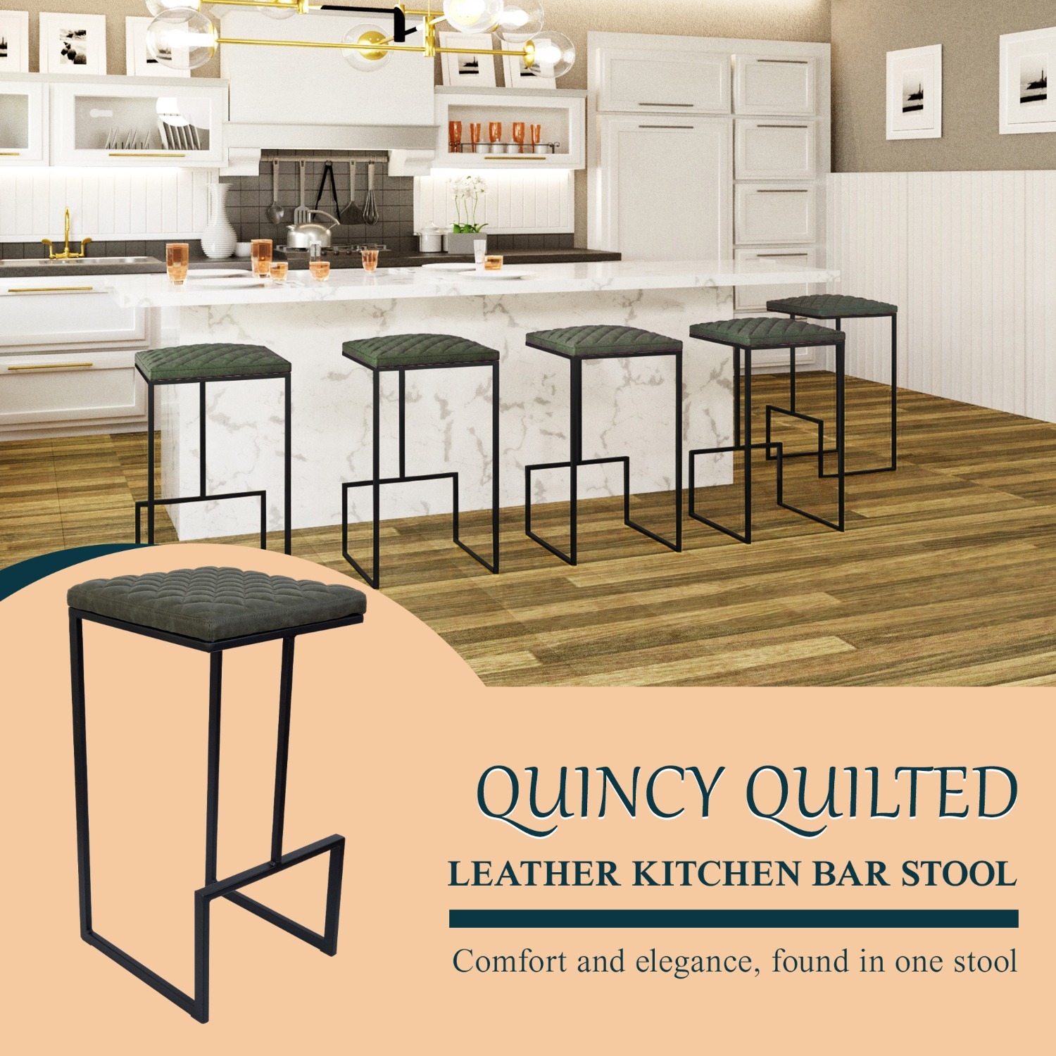 LeisureMod Quincy Green Leather Bar Stool in Metal - image-2