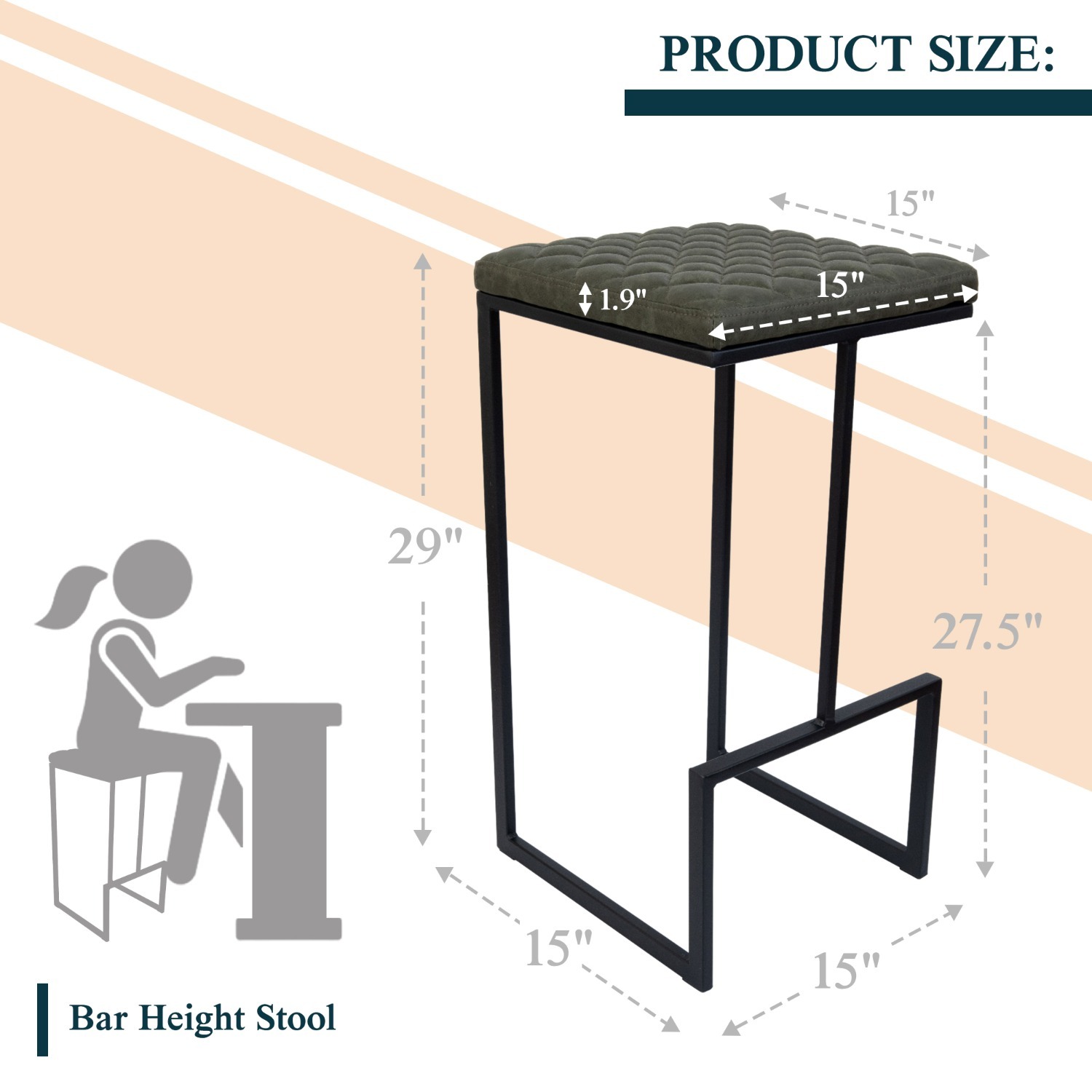 LeisureMod Quincy Green Leather Bar Stool in Metal - image-6