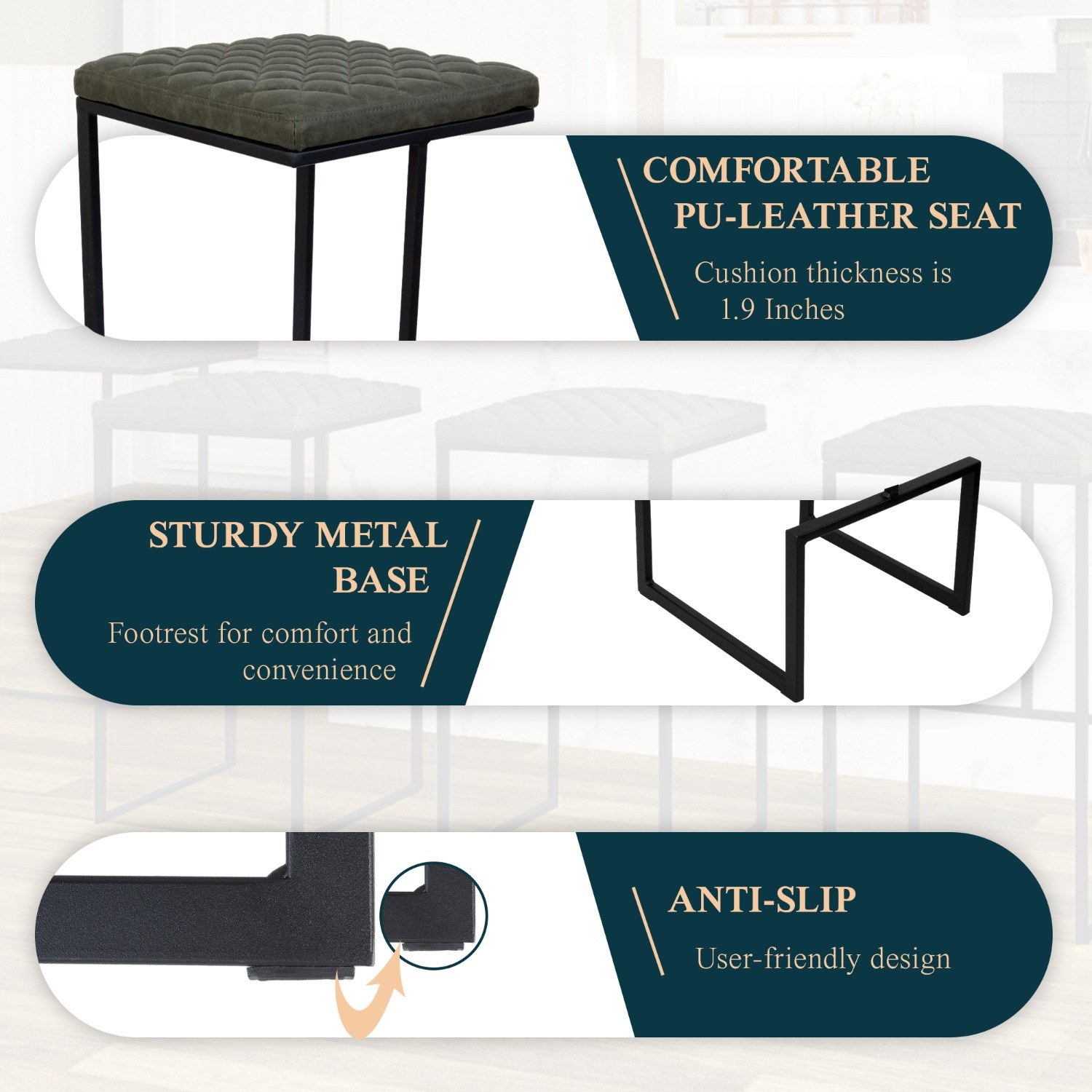 LeisureMod Quincy Green Leather Bar Stool in Metal - image-3