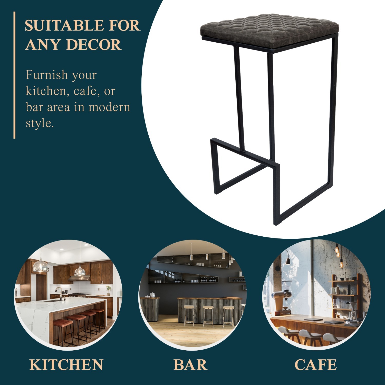 LeisureMod Quincy Grey Leather Bar Stool in Metal - image-5