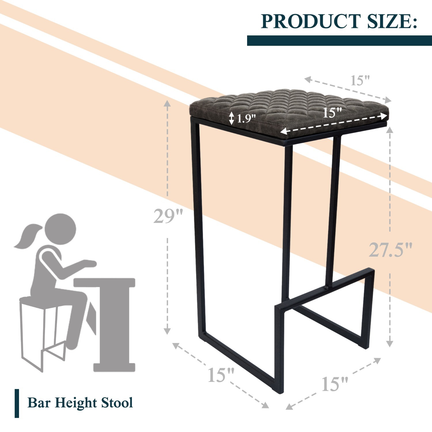 LeisureMod Quincy Grey Leather Bar Stool in Metal - image-6