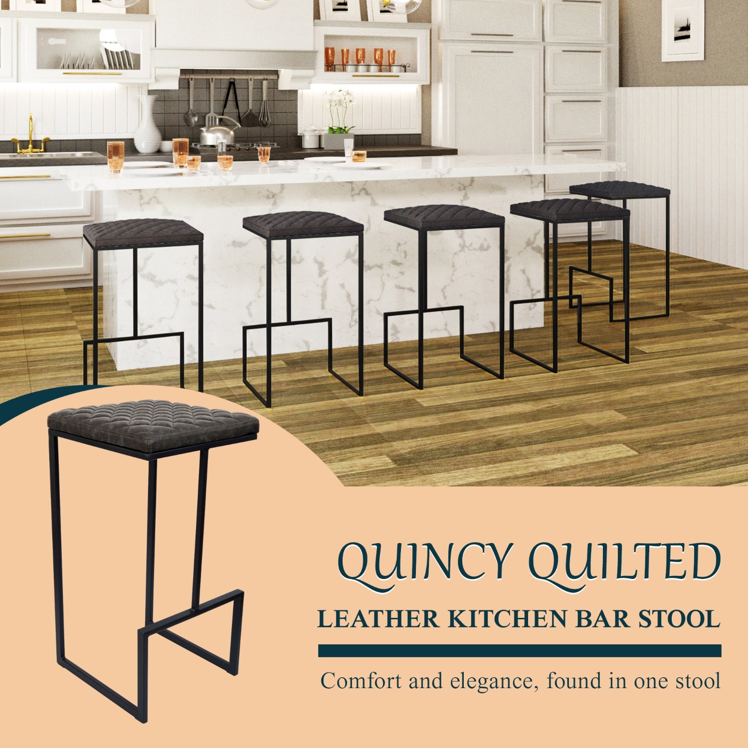 LeisureMod Quincy Grey Leather Bar Stool in Metal - image-2