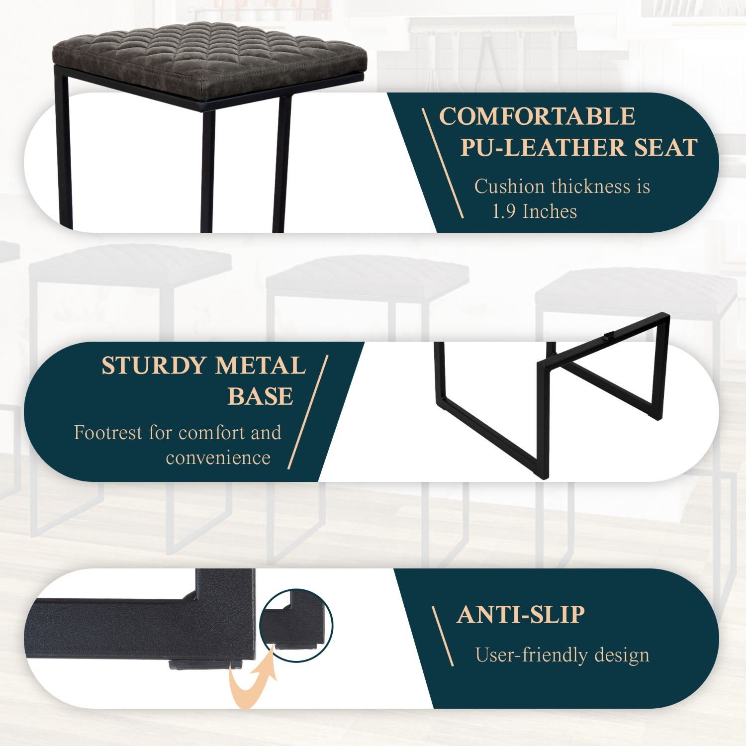 LeisureMod Quincy Grey Leather Bar Stool in Metal - image-3
