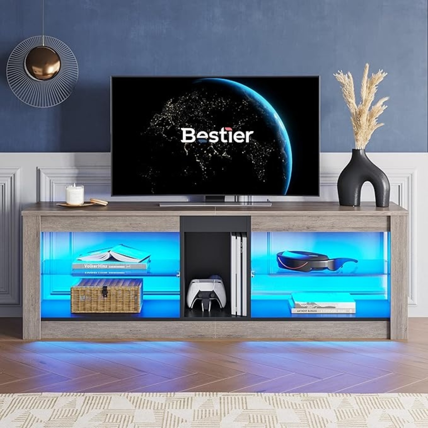 Amazon Bestier LED TV Stand Adjustable Shelves Wash Gray - image-4