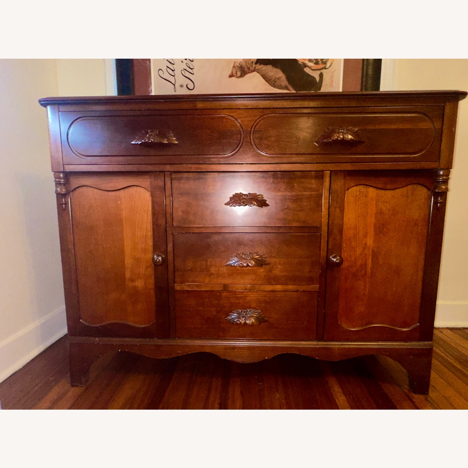 Large Vintage Solid Wood Cherry Buffet Fruit Motif - image-1