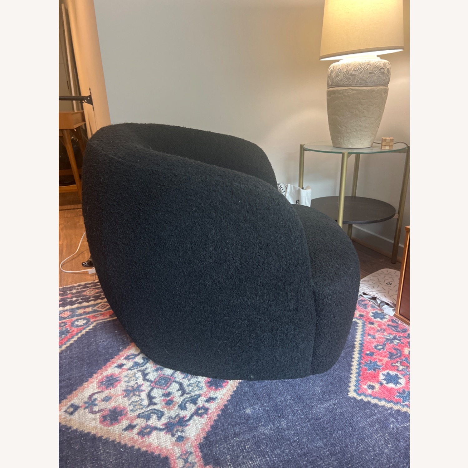 CB2 Gwyneth Swivel Chair – Black Bouclé - AptDeco