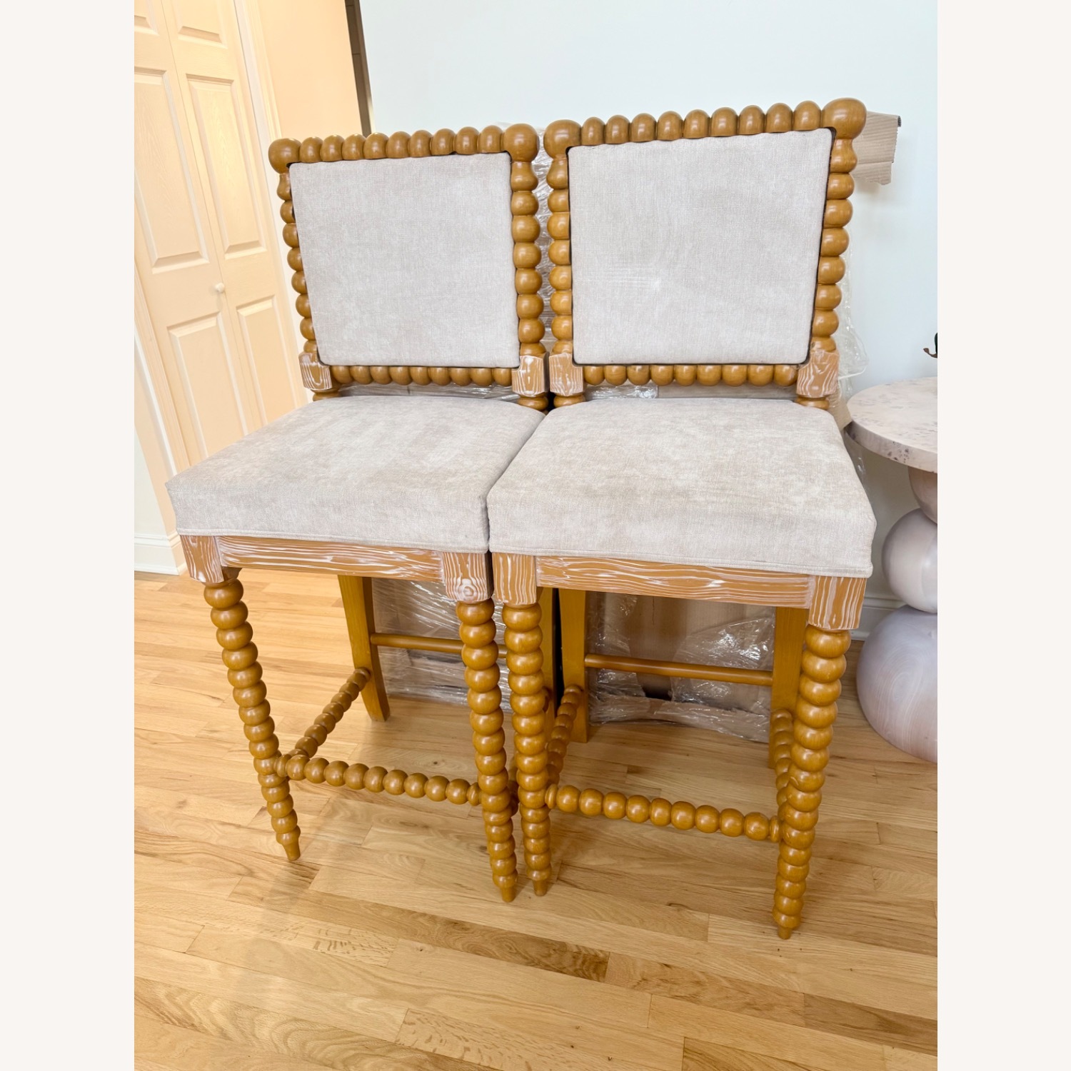 Kenia French Country Upholstered Brown Oak Wood Counter Stool - image-3
