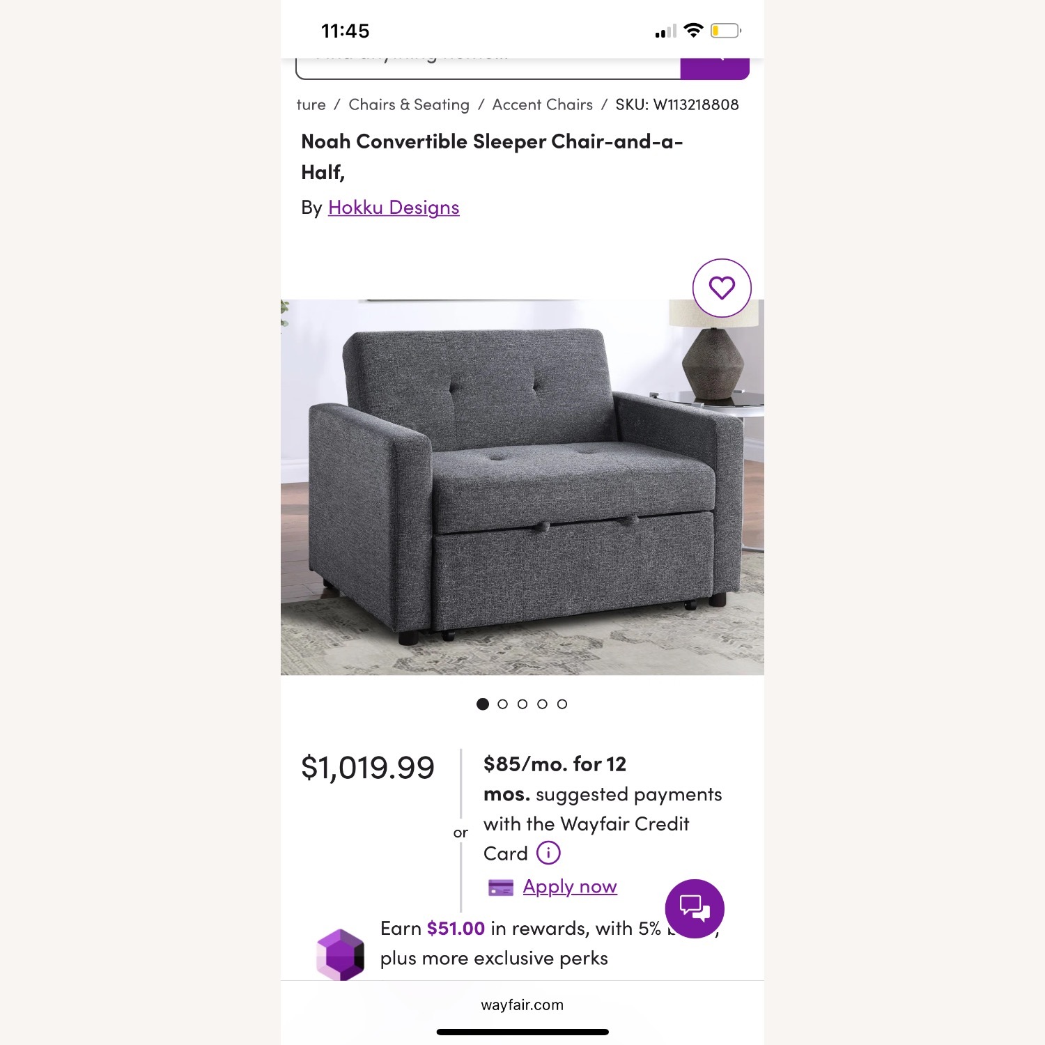 Noah Convertible Sleeper Chair-and-a-Half, Gray - image-1