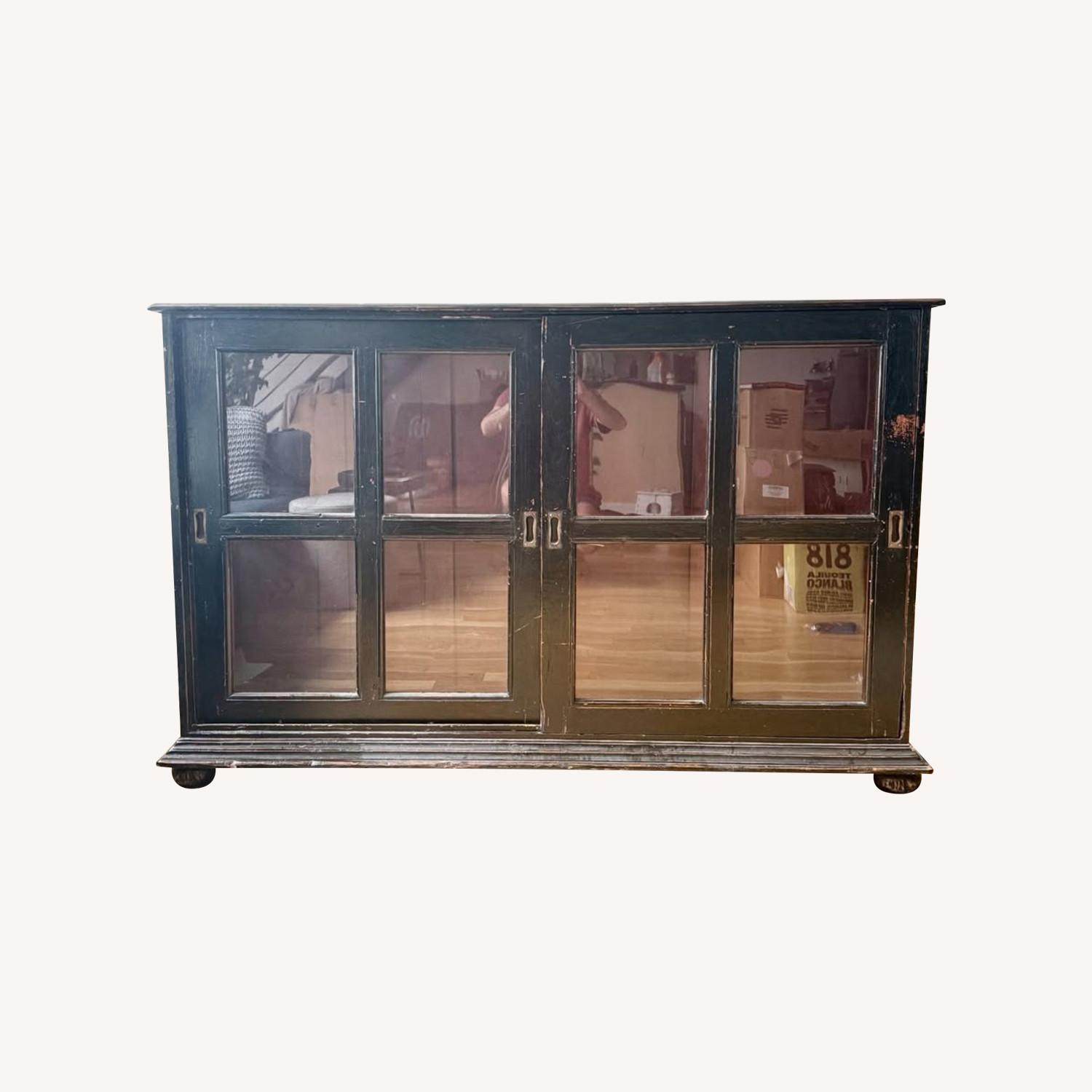 Black Wood Bookcase with Glass Sliding Doors - image-0