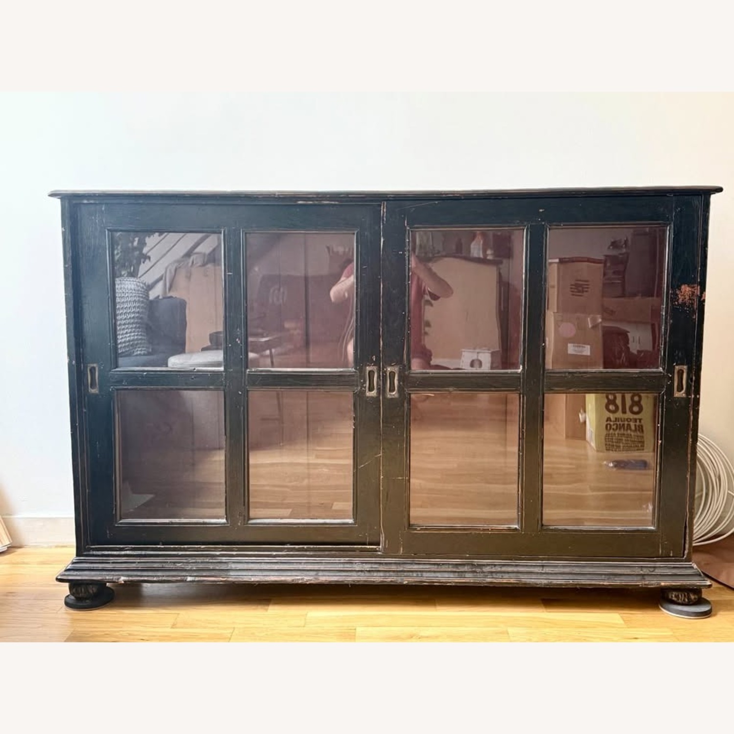 Black Wood Bookcase with Glass Sliding Doors - image-1