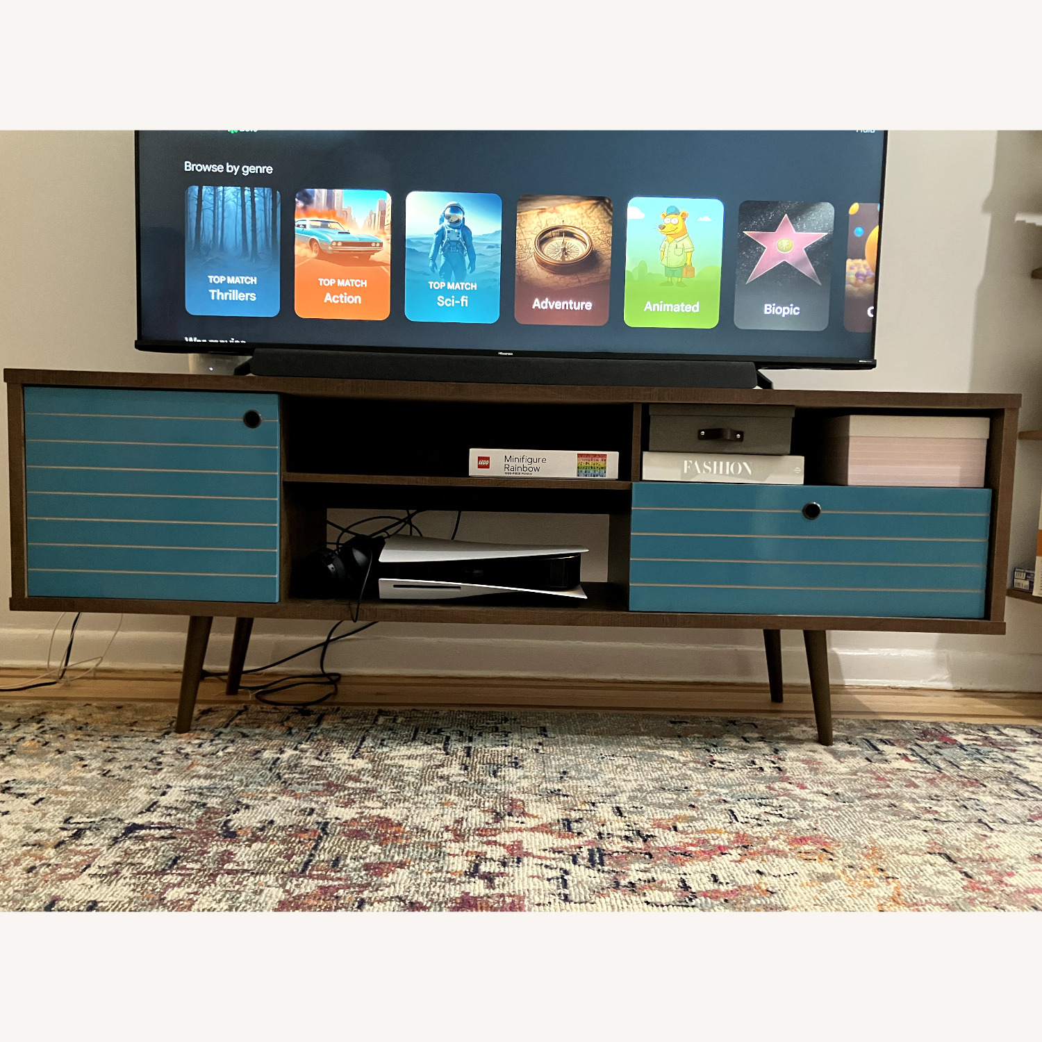 Mid-Centery Modern Blue + Rustic Wood TV Console  - image-2
