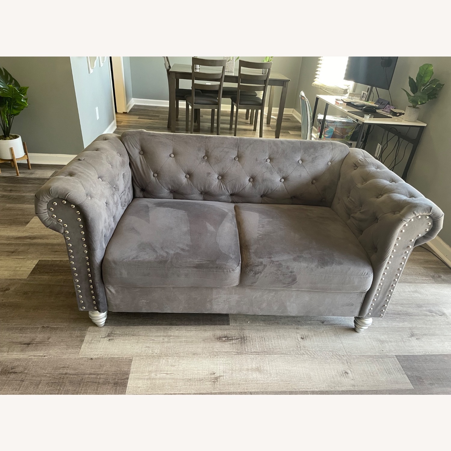 Gray Solid Print Fabric 2-Seater Loveseat with Tufted Back - image-3