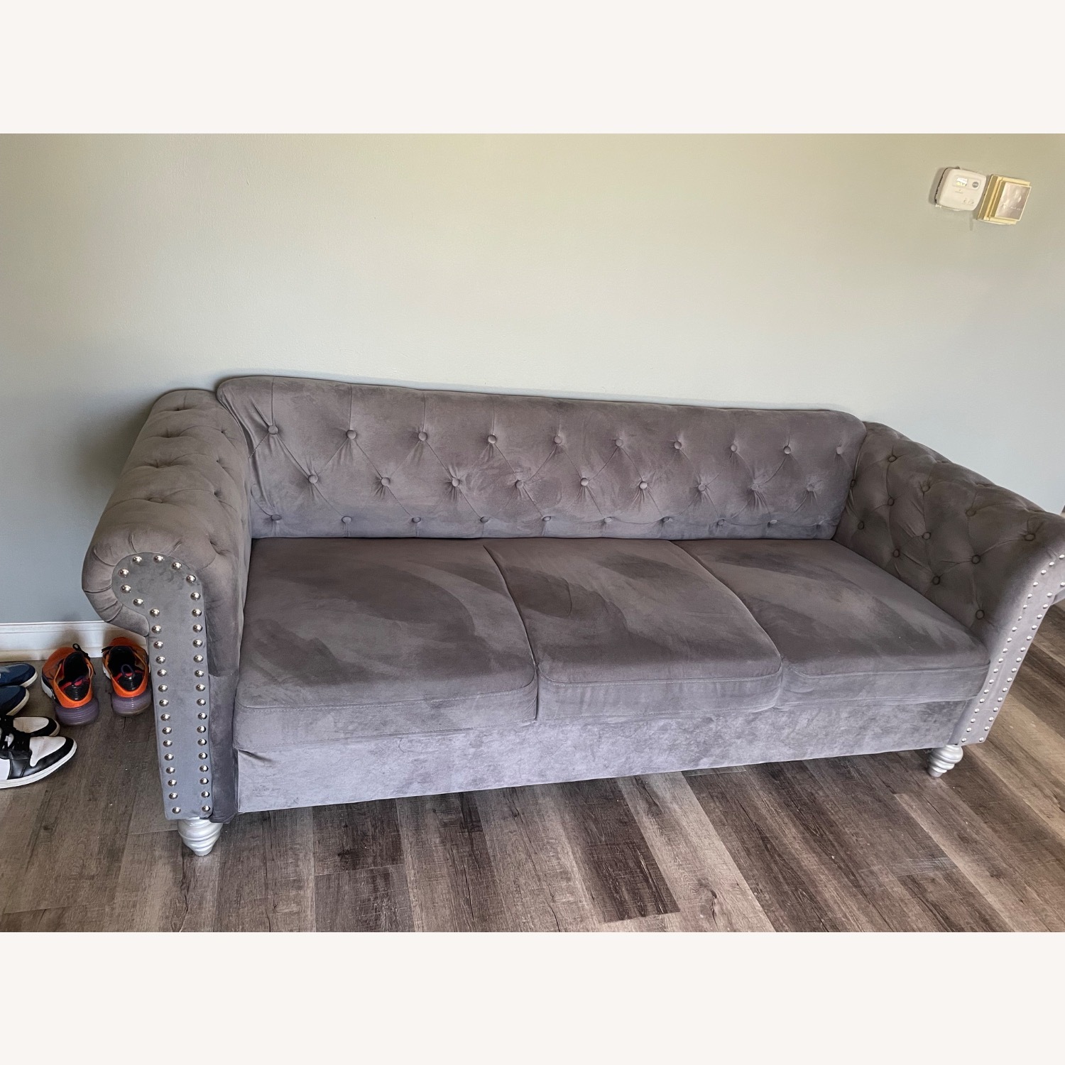 Gray Solid Print Fabric 2-Seater Loveseat with Tufted Back - image-2