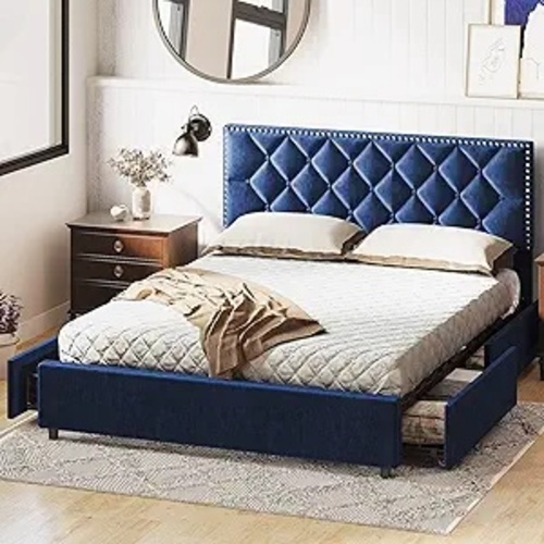 Used LIKIMIO Dark Blue velvet bed for sale on AptDeco