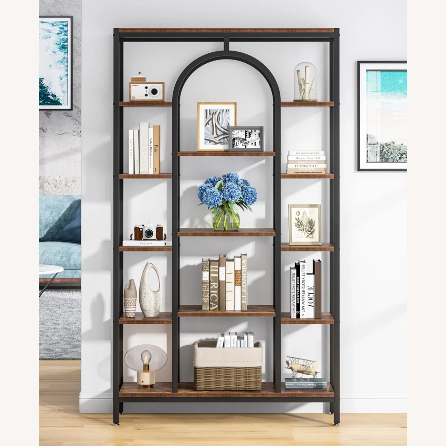 Arched Bookshelf Dark Brown and Black - image-4