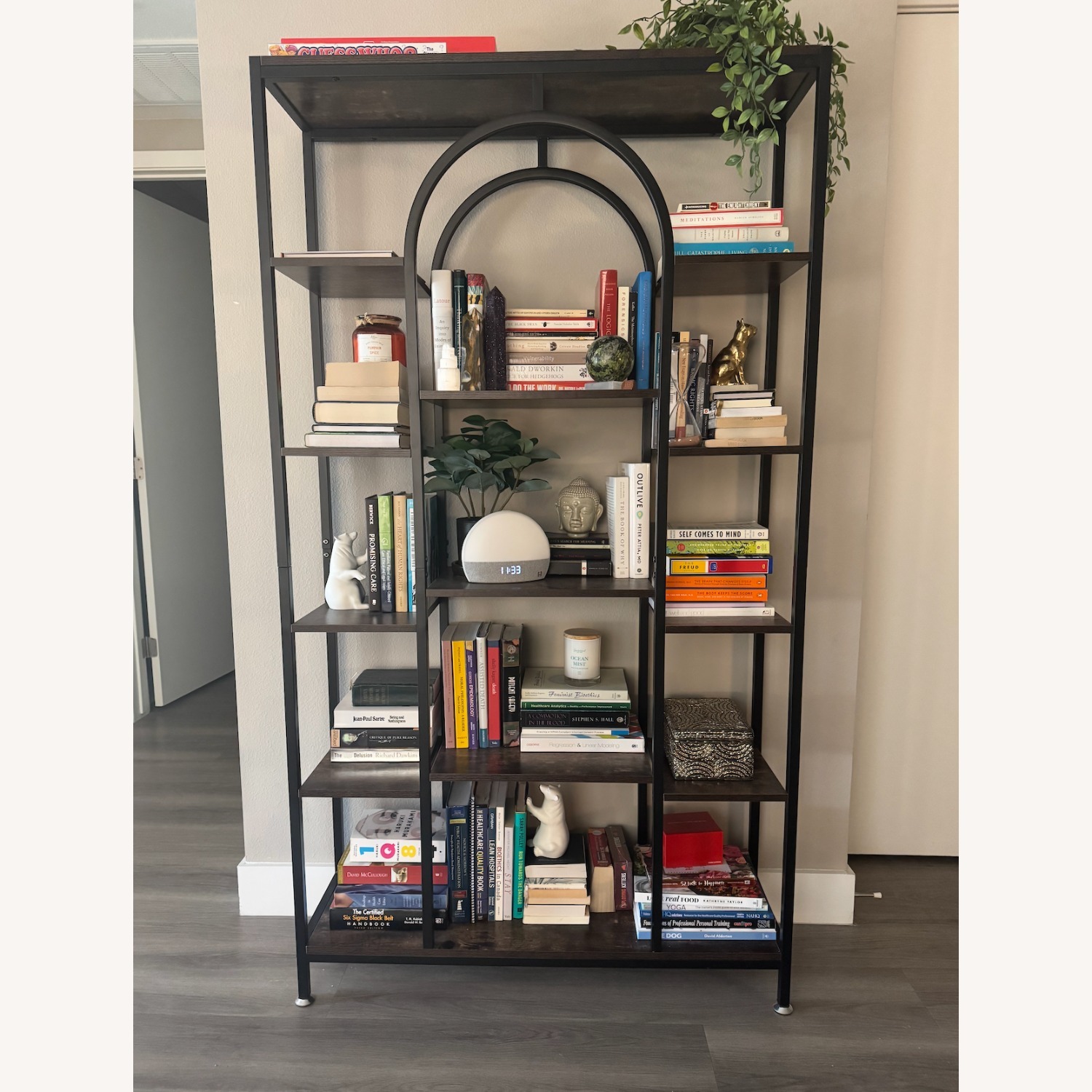 Arched Bookshelf Dark Brown and Black - image-3