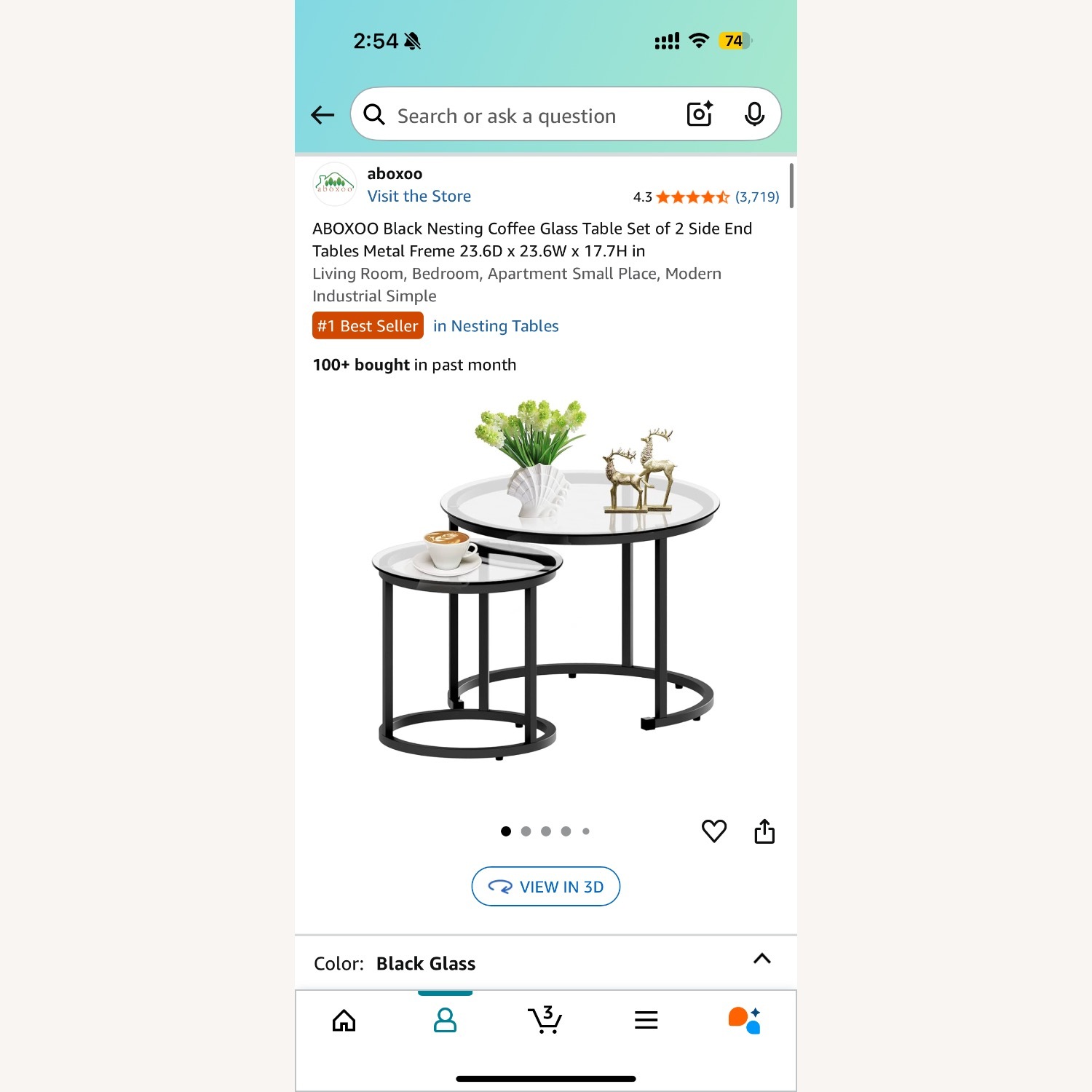 aboxoo Black Nesting Coffee Glass Table Set - image-1