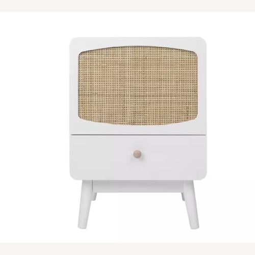 Used 2  White Linen Cabinet with Rattan Door and Drawer for sale on AptDeco