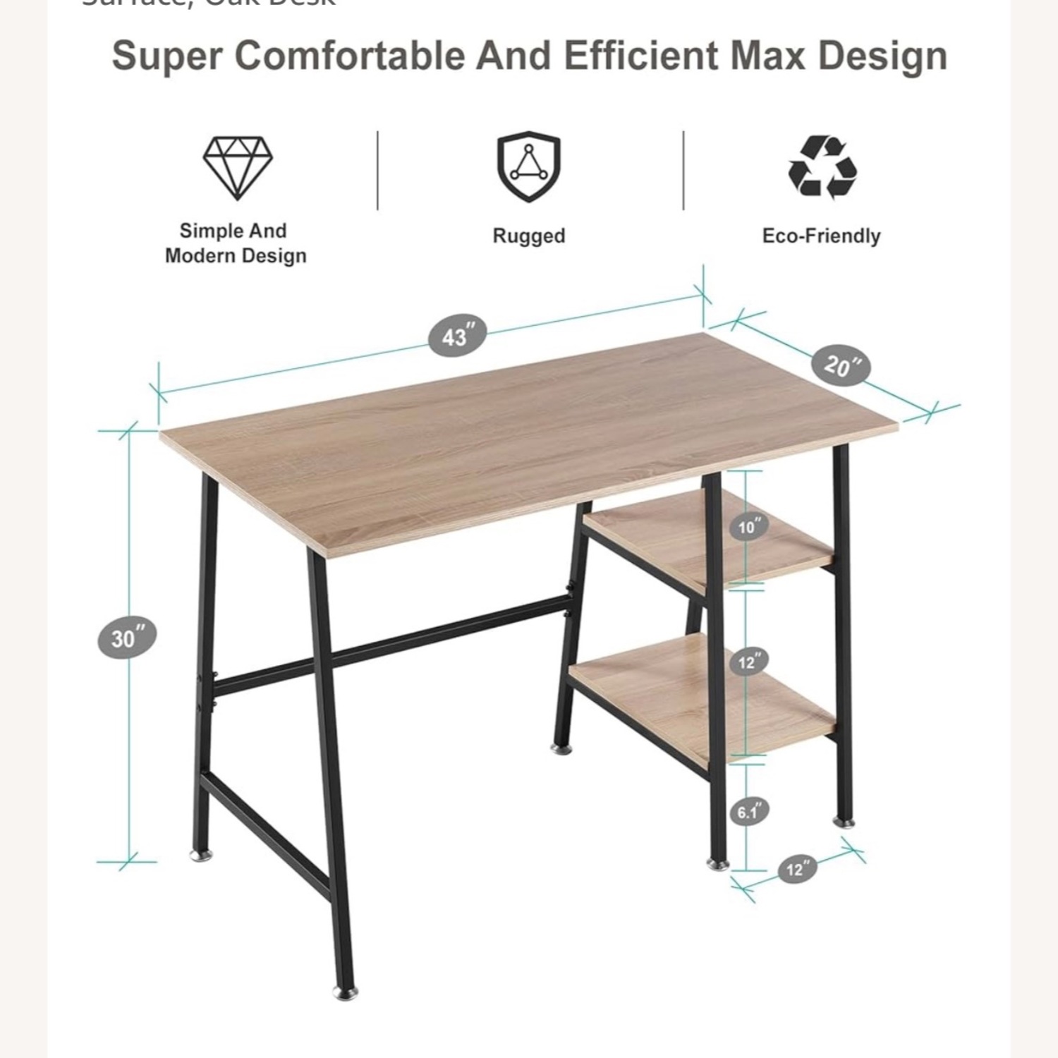 43 Inch Writing Desk with 2 Tier Storage Shelves - image-1