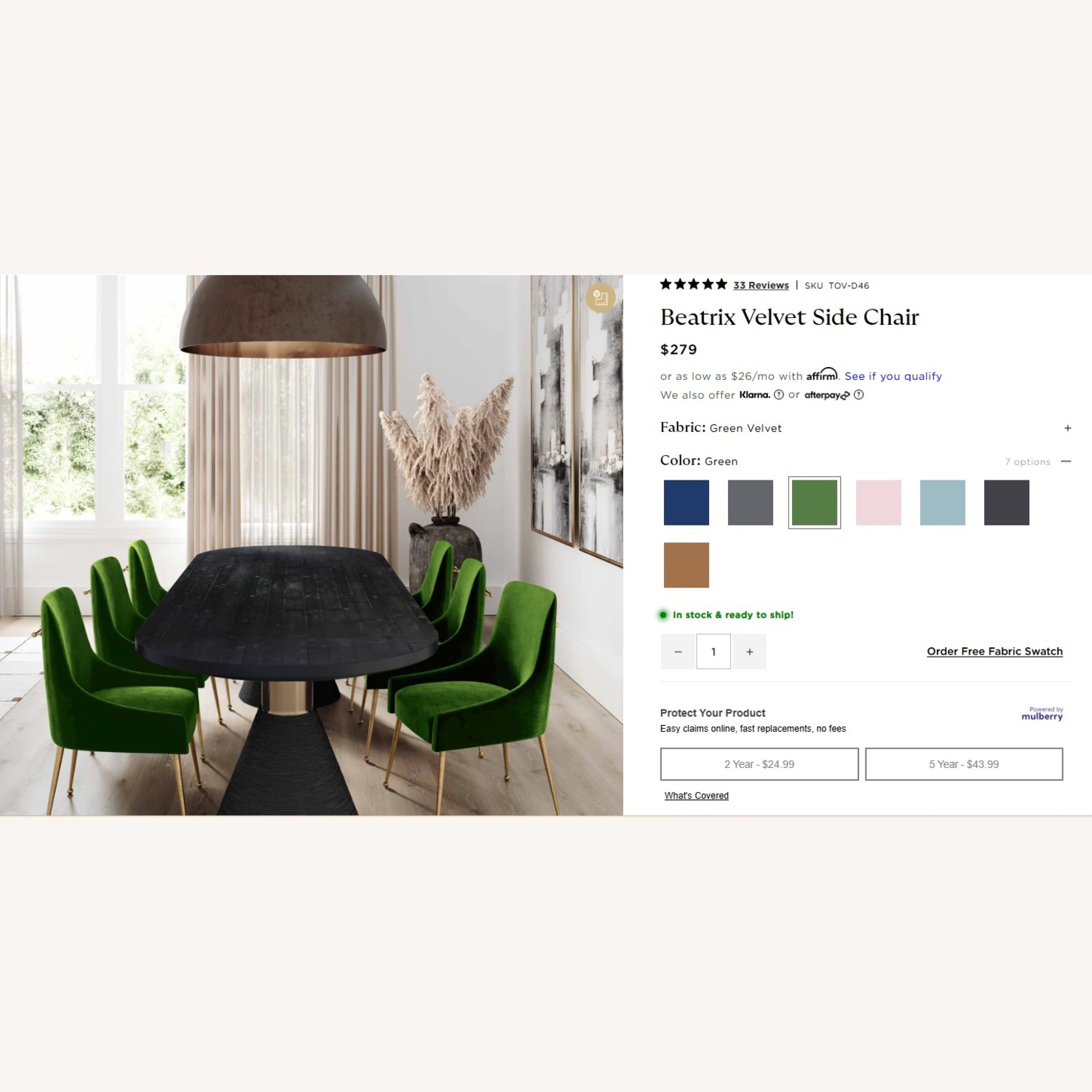 TOV Beatrix Velvet Dining Chair Set of 4-Green - image-2