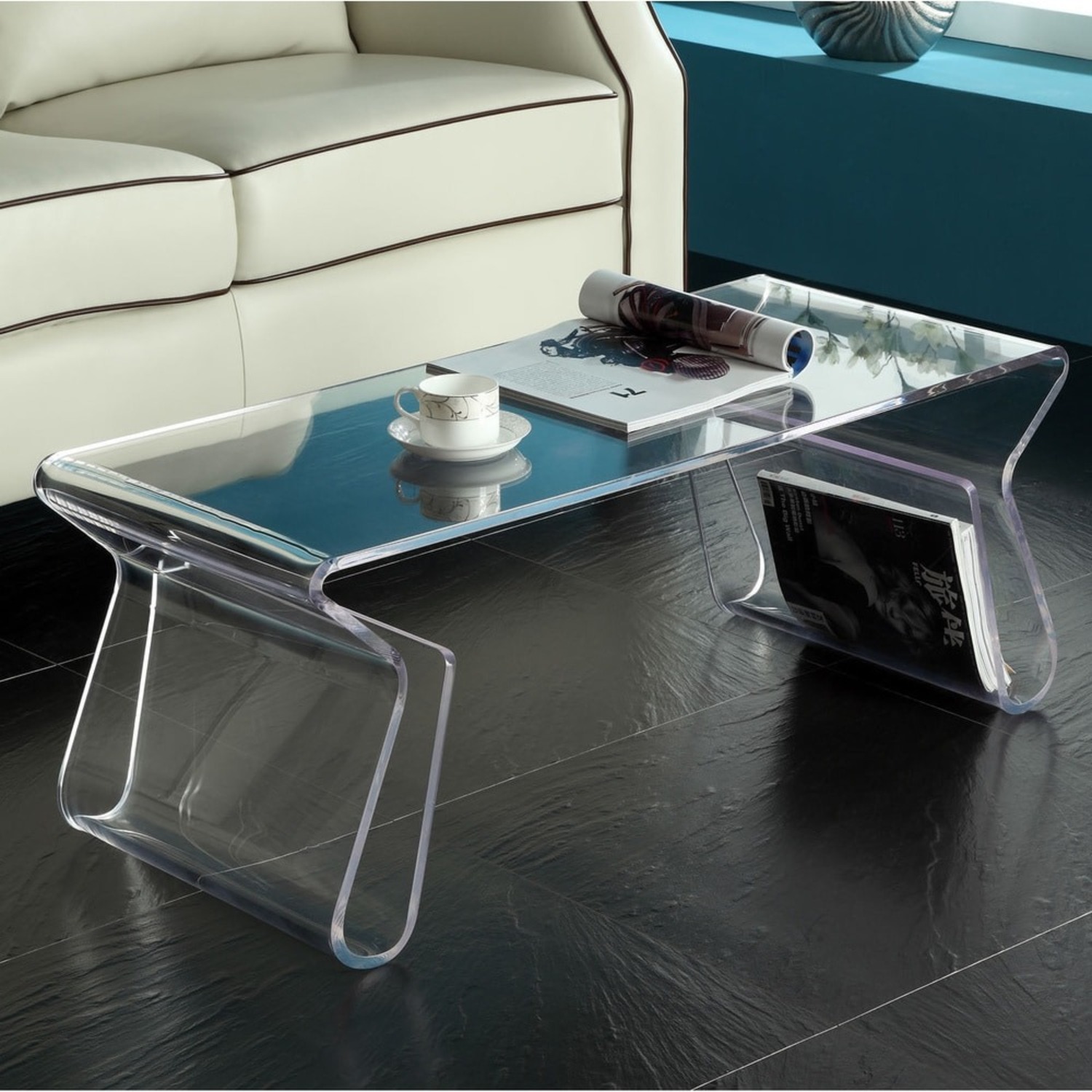 Clear Acrylic Coffee Table with Magazine Storage - image-2