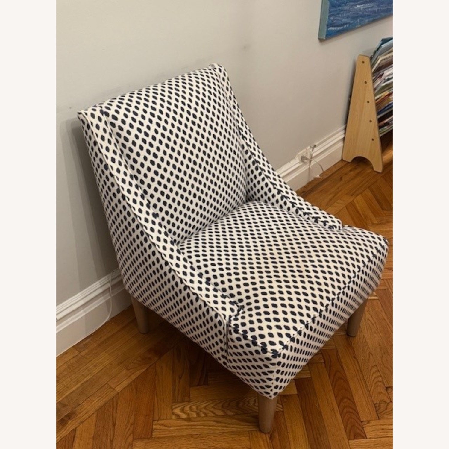White and Navy Printed Fabric Accent Chair - image-3