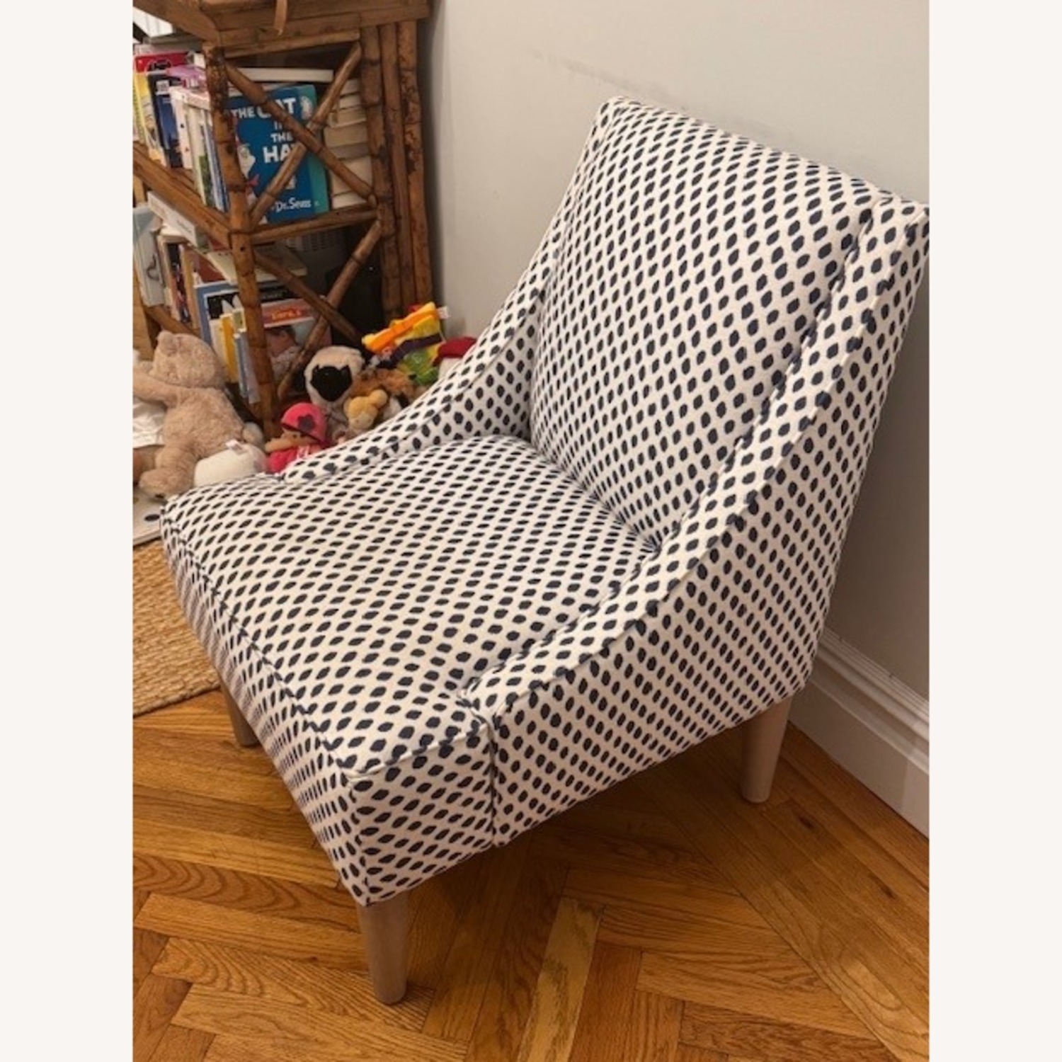 White and Navy Printed Fabric Accent Chair - image-4