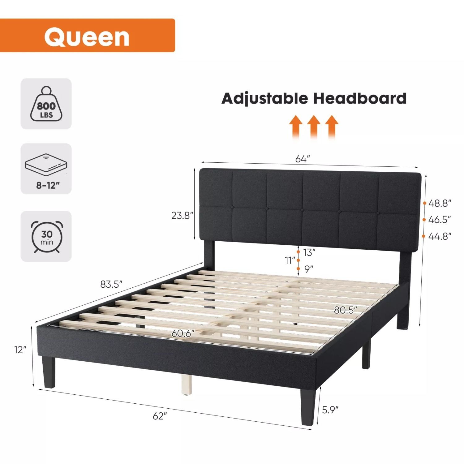 Queen Bed Frame with Adjustable Headboard - image-6