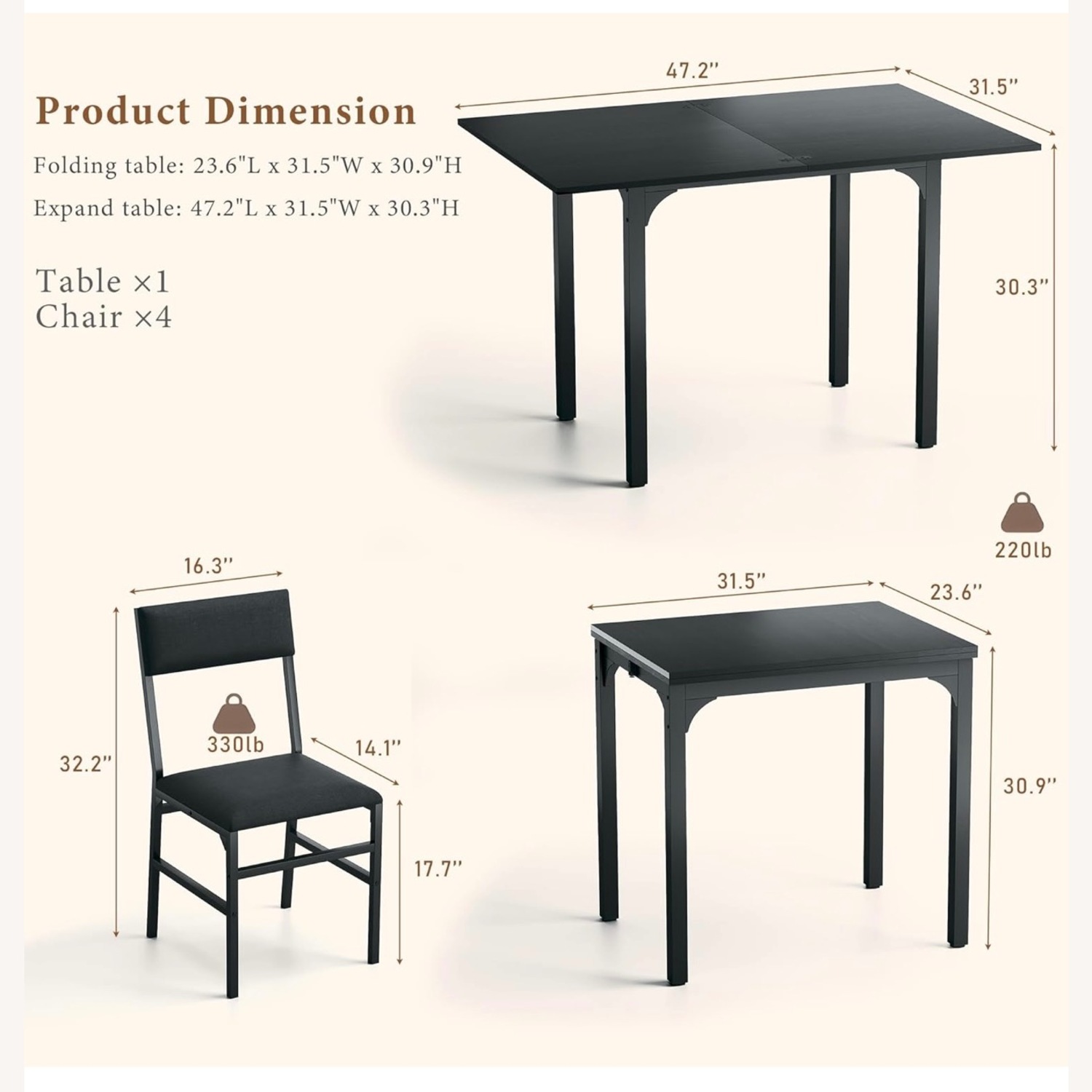 Foldable Extendable 5 piece Dining Table Set - image-4