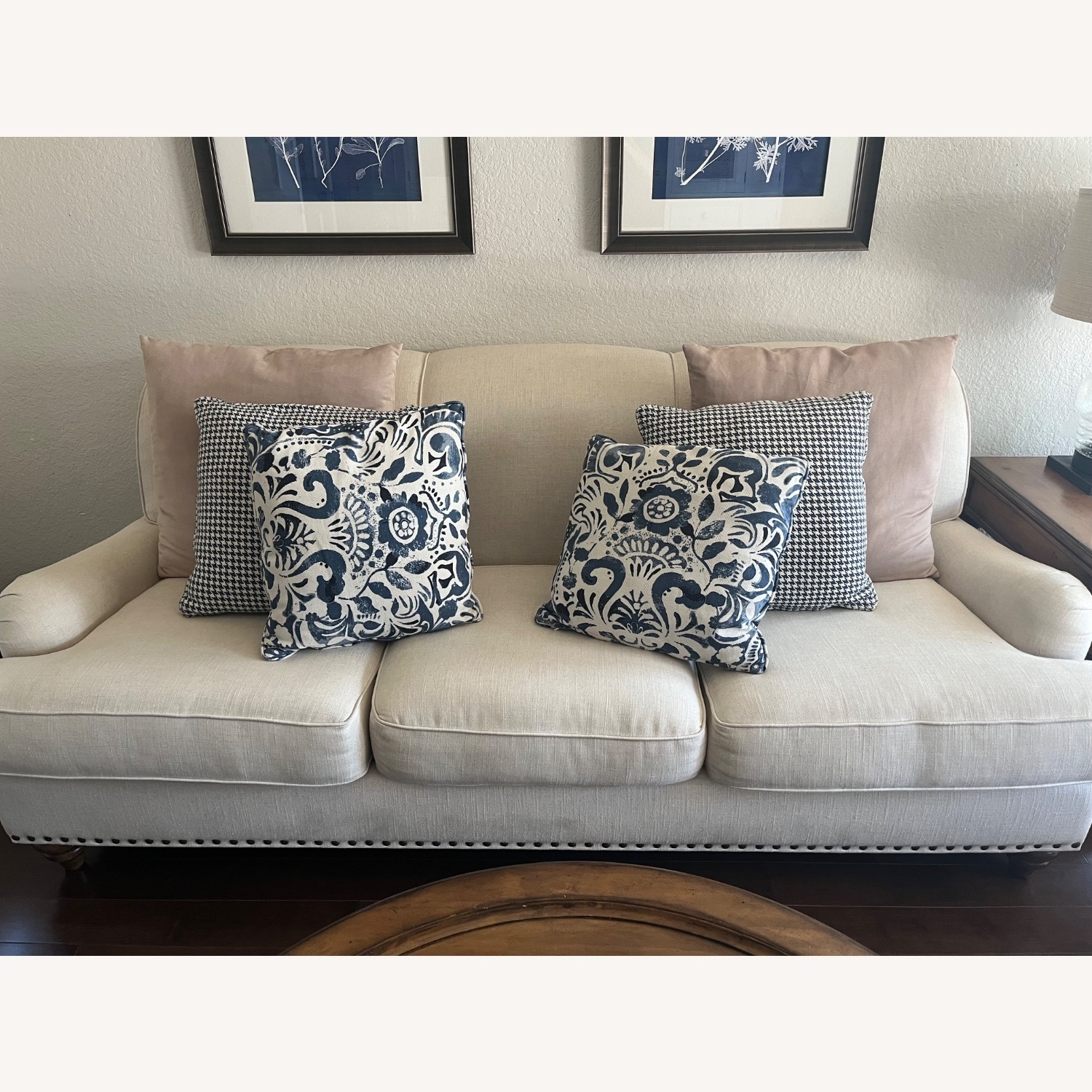 Bassett Essex Custom Couch Antique Brass Nailhead Trim - image-1