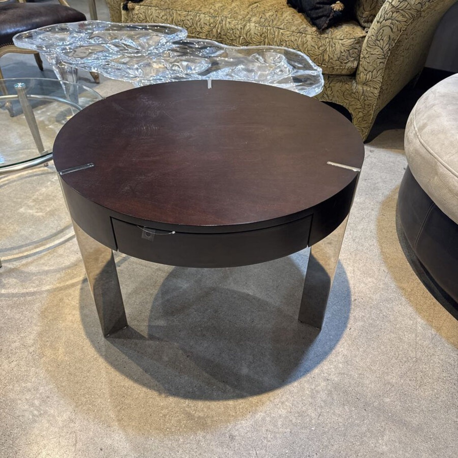 Round Wood & Metal 1-Drawer Coffee Table - image-1
