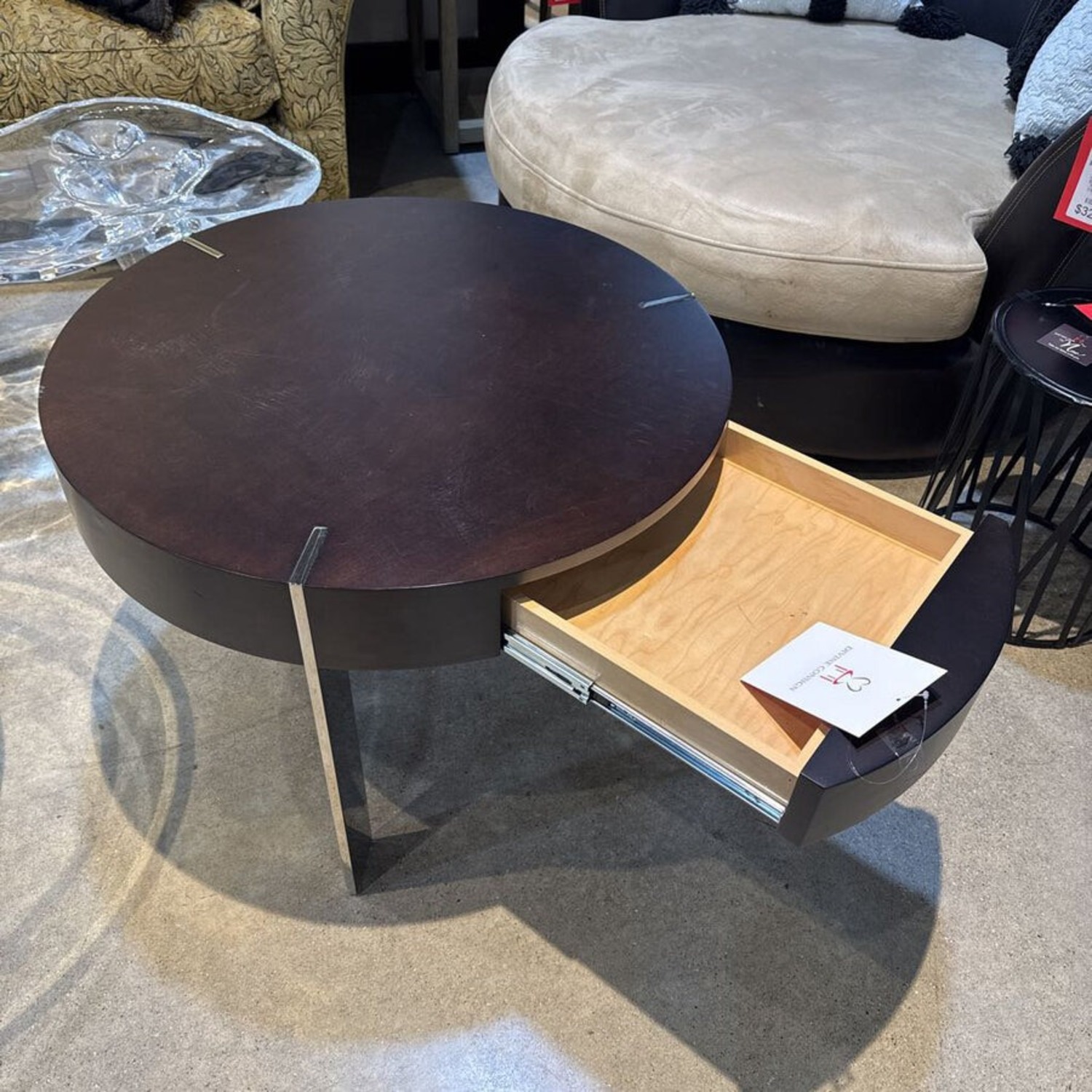 Round Wood & Metal 1-Drawer Coffee Table - image-3