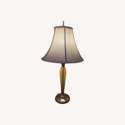 Used Amber Glass Lamp With Fabric Shade, Pewter Base for sale on AptDeco