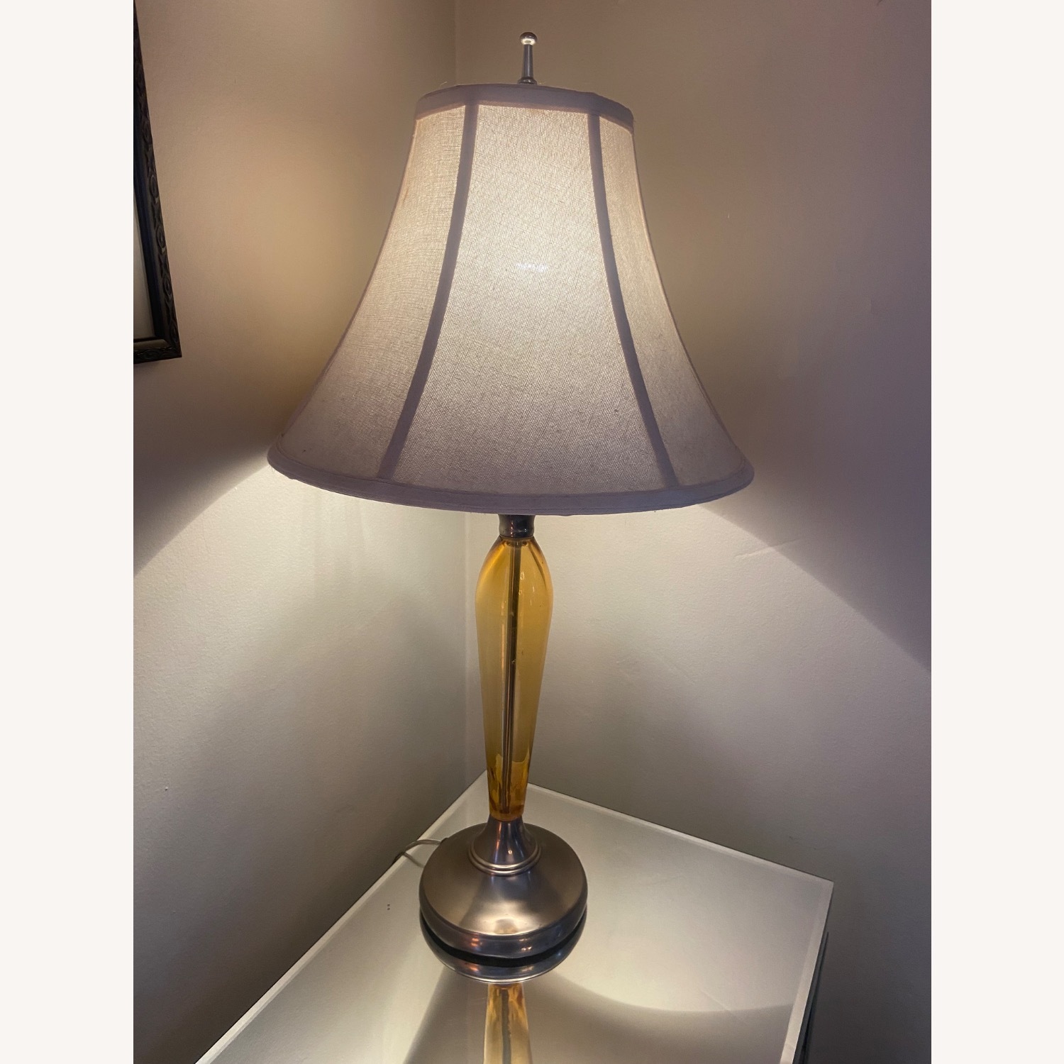 Amber Glass Lamp With Fabric Shade, Pewter Base - image-2