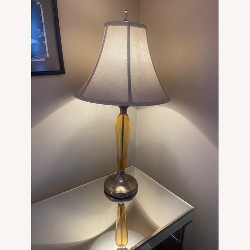 Used Amber Glass Lamp With Fabric Shade, Pewter Base for sale on AptDeco