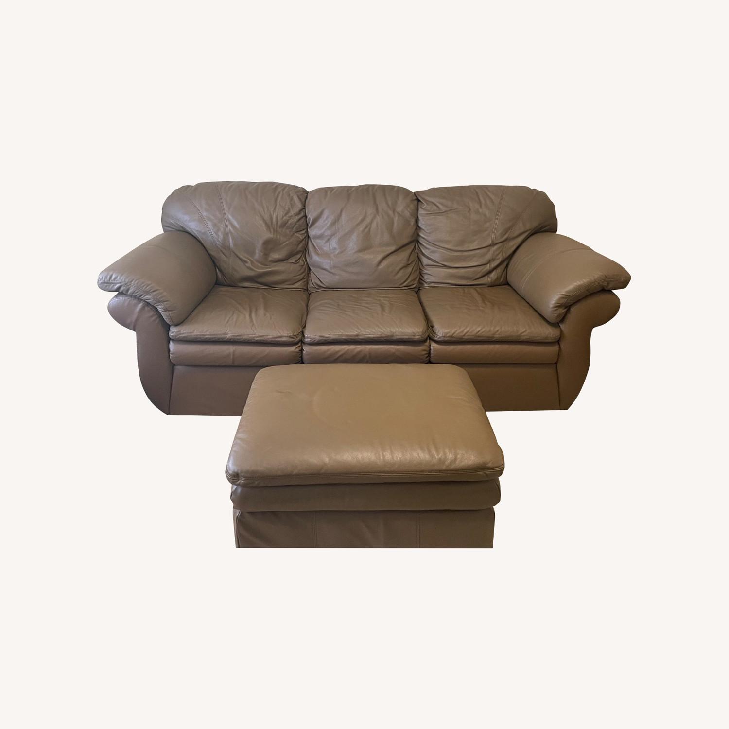 Brown Leather Three Seater Sofa with Ottoman - image-0