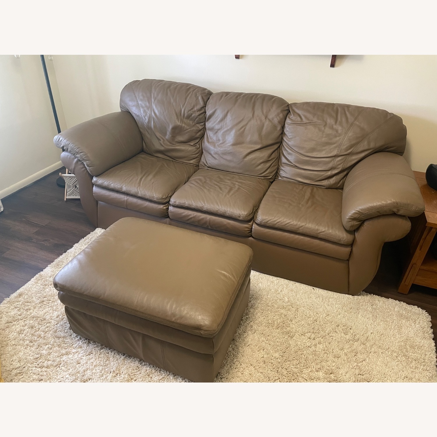 Brown Leather Three Seater Sofa with Ottoman - image-3