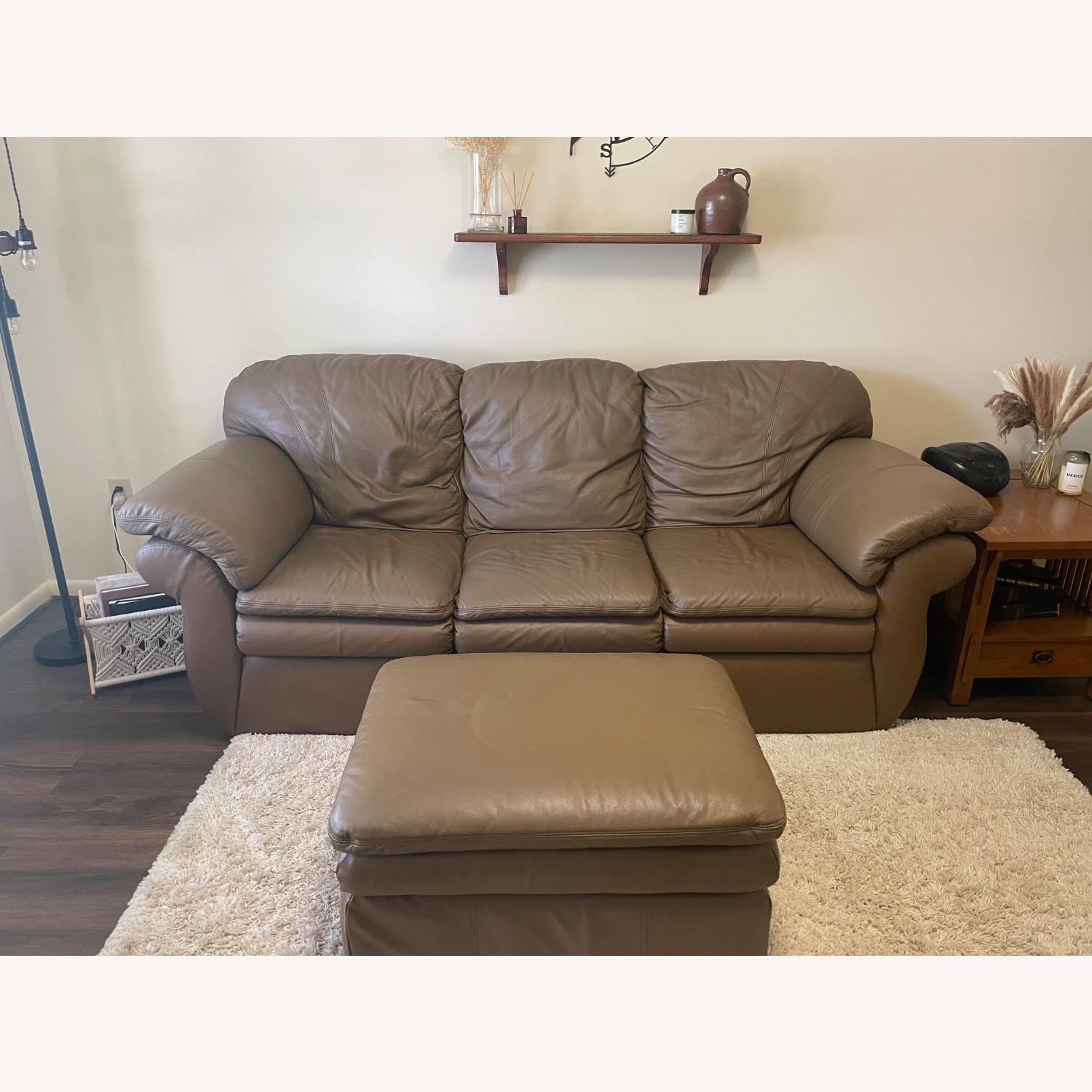 Brown Leather Three Seater Sofa with Ottoman - image-4