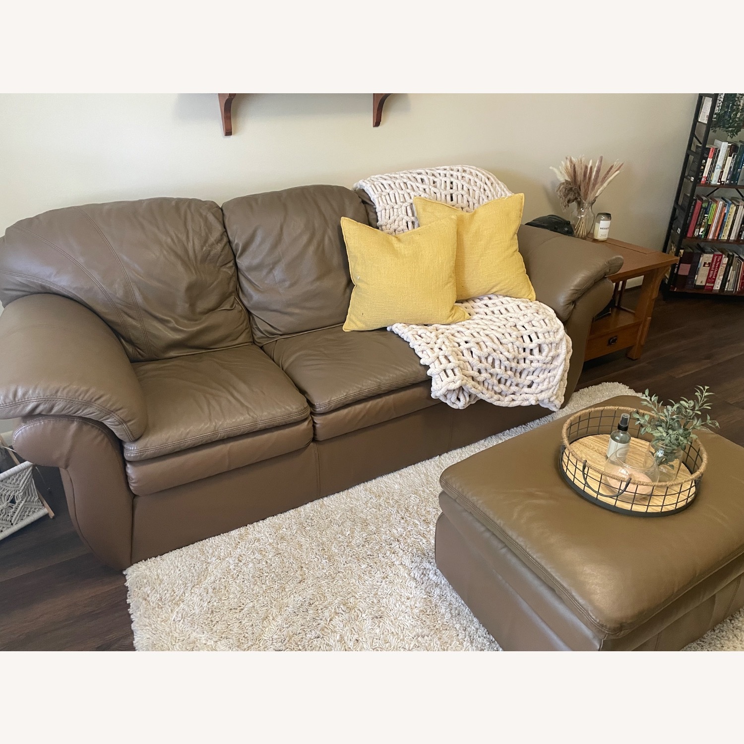 Brown Leather Three Seater Sofa with Ottoman - image-2