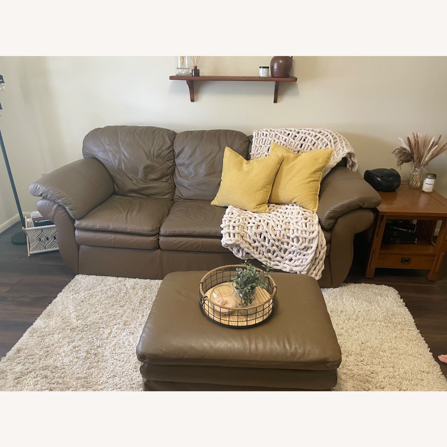 Brown Leather Three Seater Sofa with Ottoman - image-1