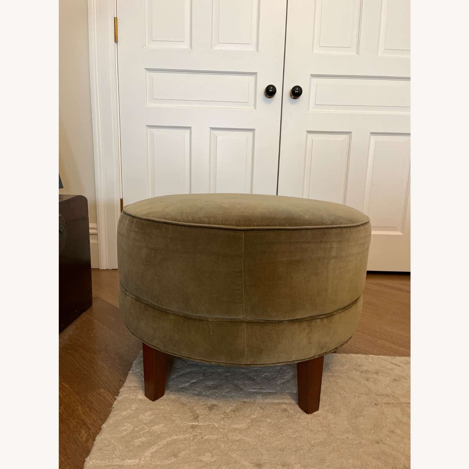 Ethan Allen Khaki Green Round Ottoman - image-1