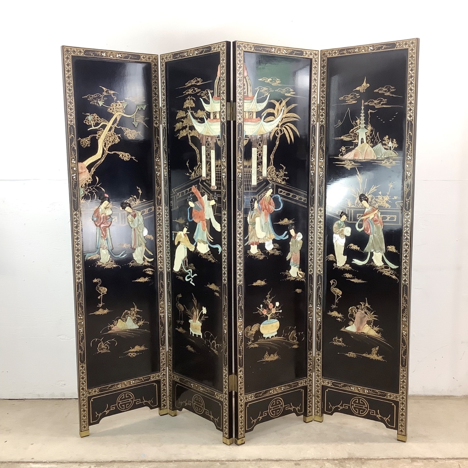  Vintage Hand-Painted Chinoiserie Folding Screen - image-1