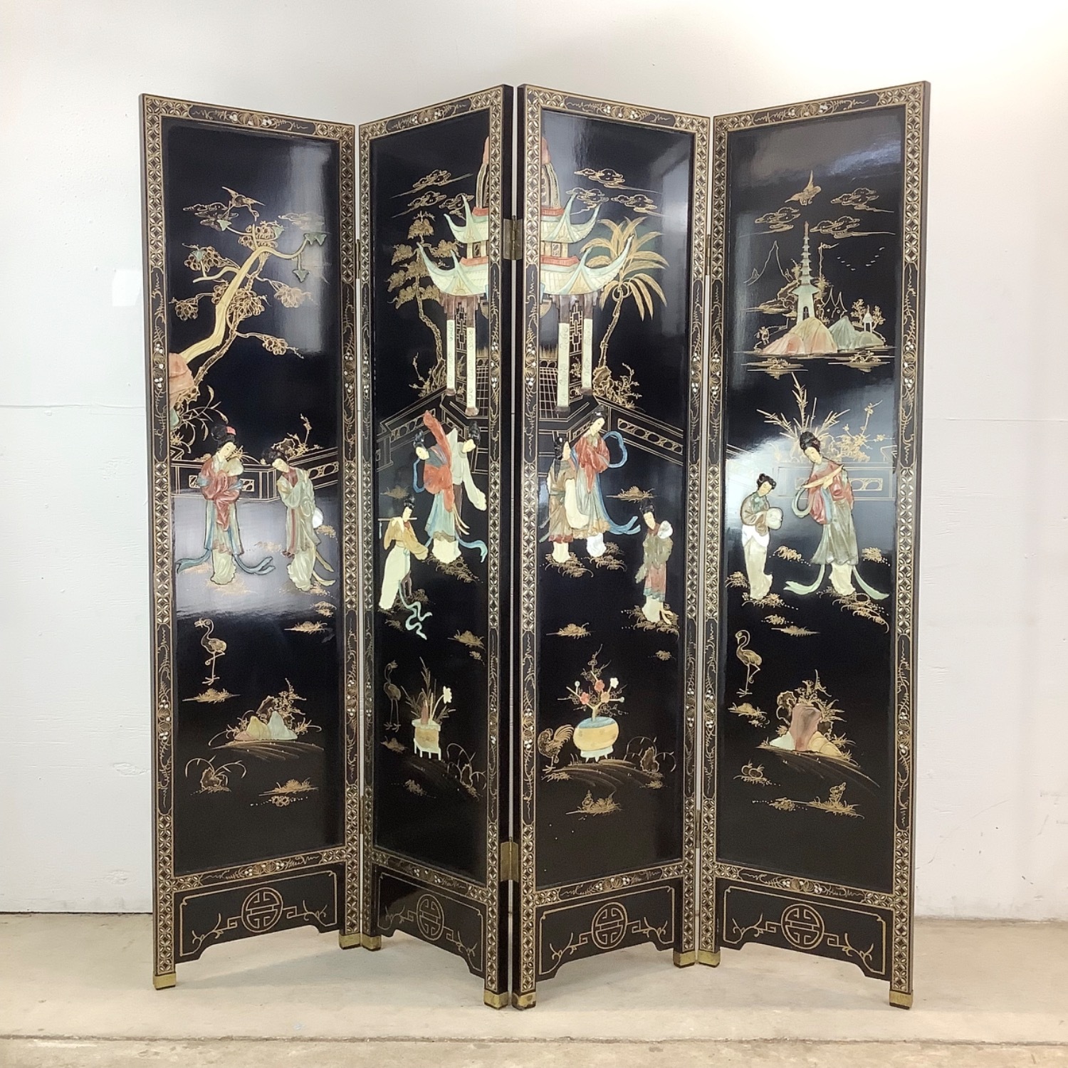  Vintage Hand-Painted Chinoiserie Folding Screen - image-2