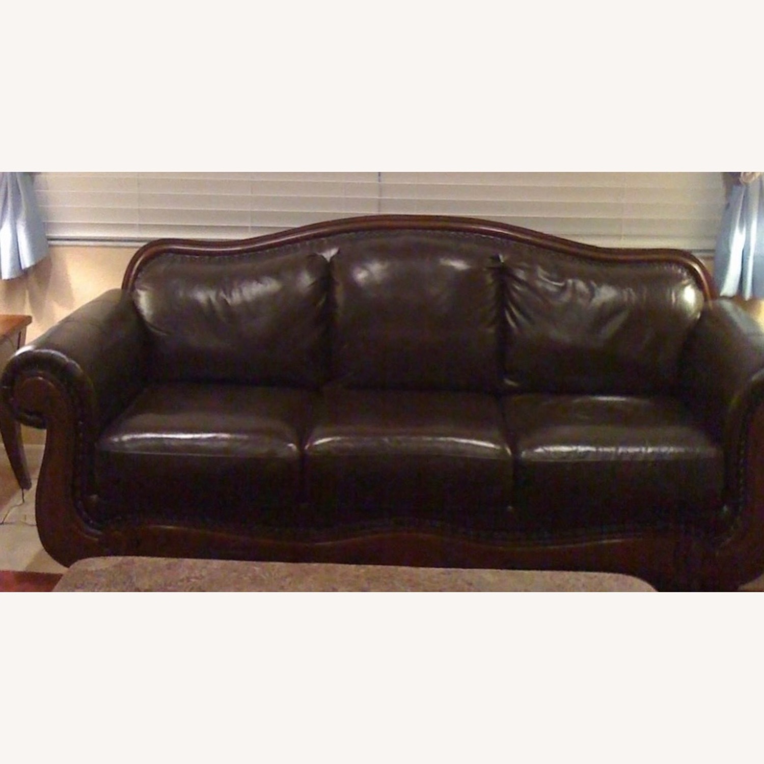 Chocolate Color Leather Camel Back Style Sofa - image-3