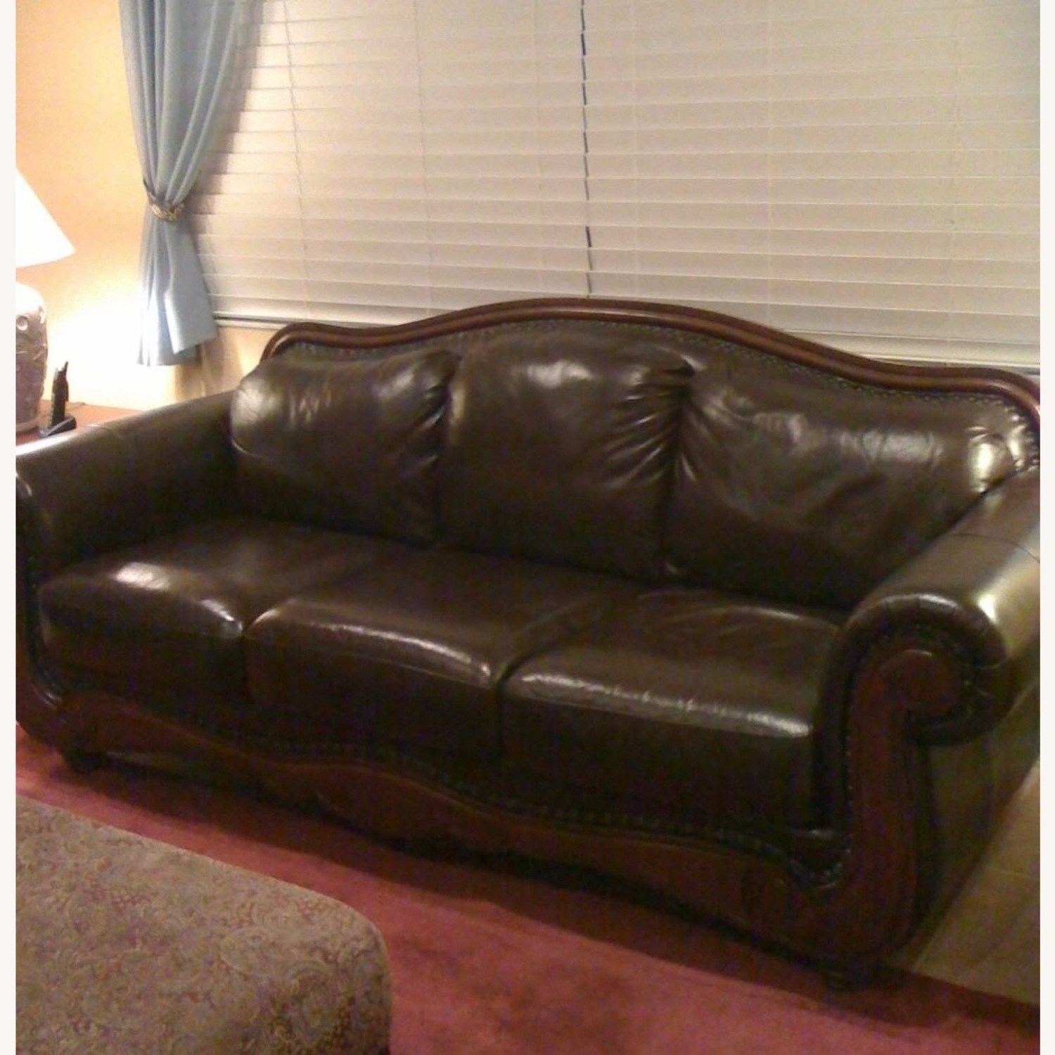 Chocolate Color Leather Camel Back Style Sofa - image-0