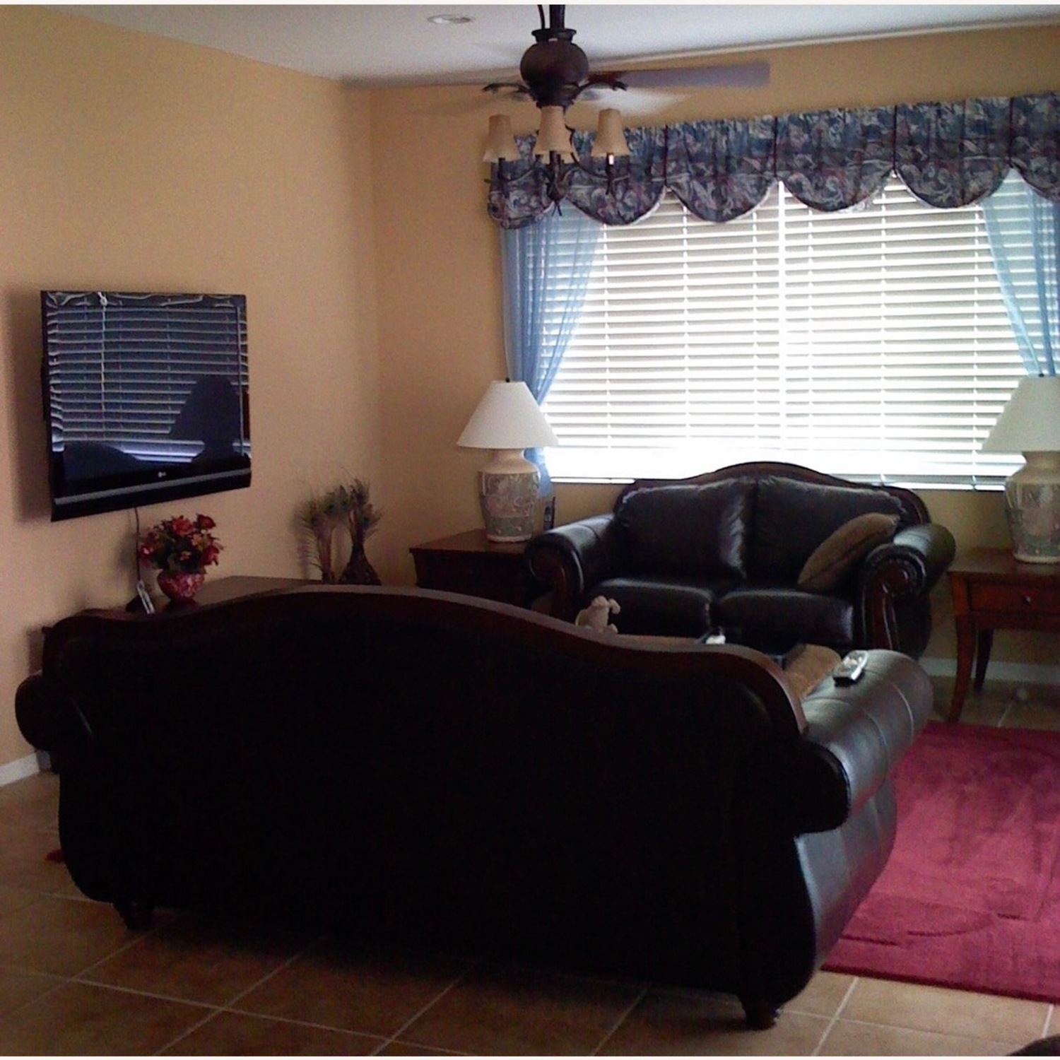 Dark Brown Leather Camel Back Loveseat - image-1