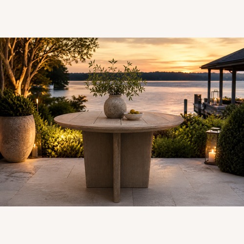 Used RH Balmain Round Teak Dining Table – 48" Weathered for sale on AptDeco